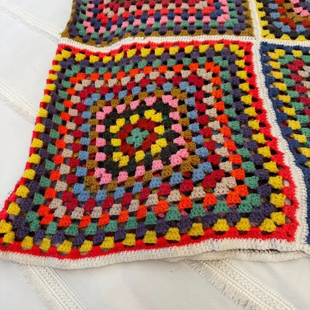 VTG Crochet Granny Square Blanket Handmade Afghan Boho Cottagecore Full Retro
